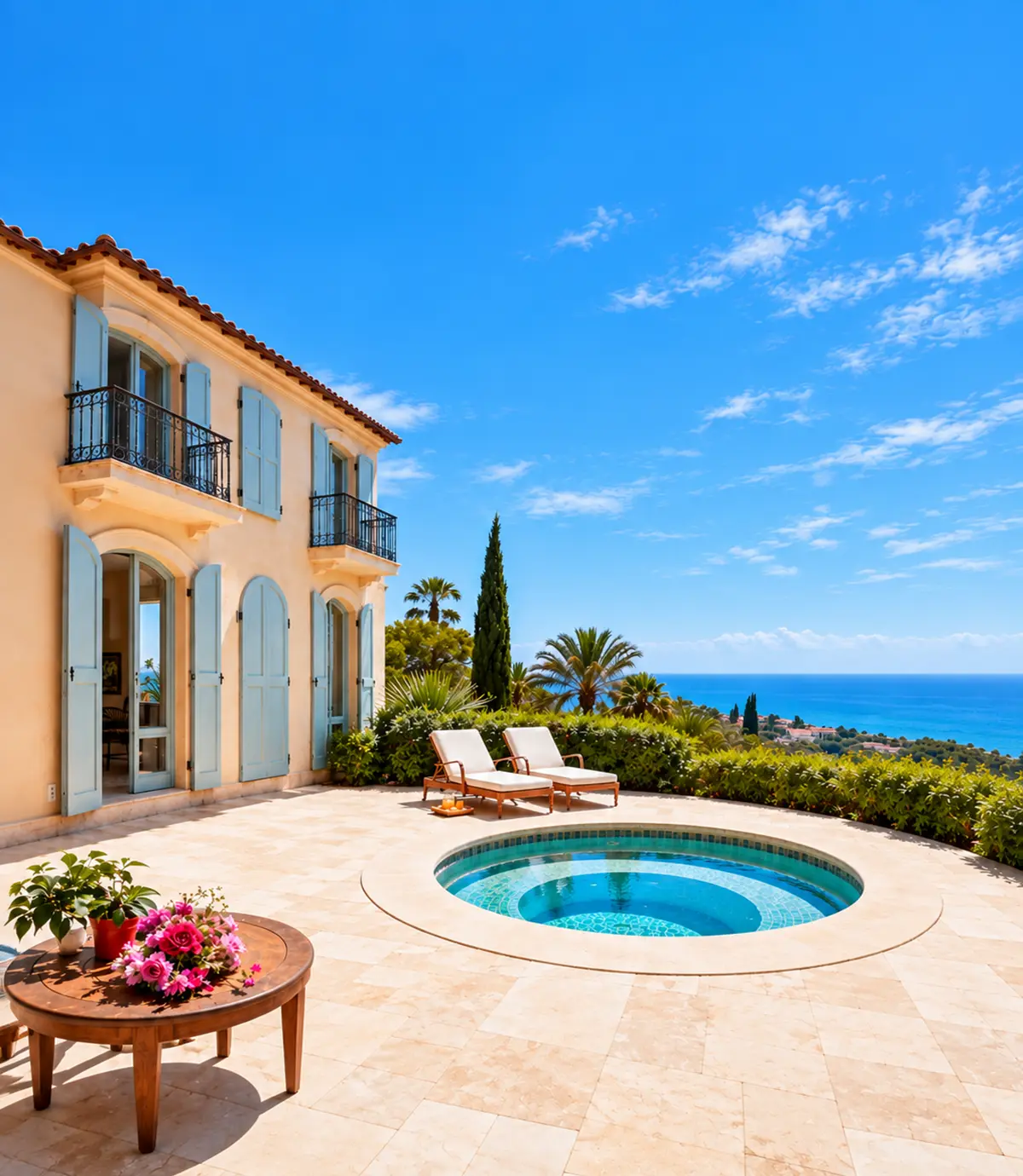 Luxury Mediterranean-style home with a spacious poolside terrace and ocean views, representing buying a home in San Diego
