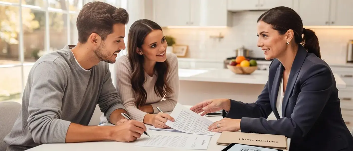 Young couple reviewing home escrow docs under newlywed homebuyer program